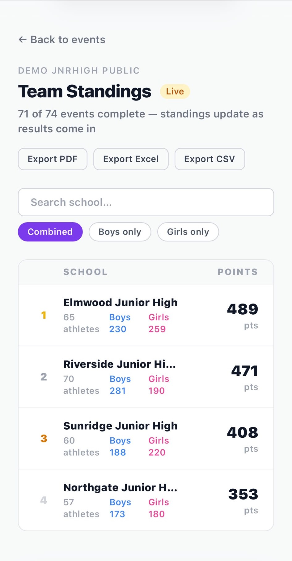 Live team standings with PDF, Excel and CSV export buttons